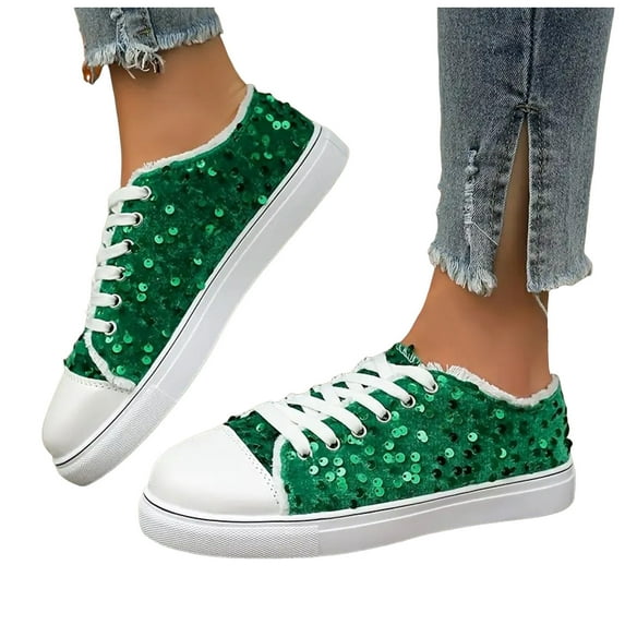 Women's Glitter Sequins Sparkly Lightweight Lace Up Canvas Shoes Low Top Platform Slip On Sneakers Non Slip Casual Walking Shoes Green Size 7