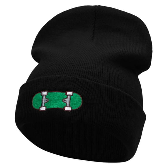 Green Skateboard Embroidered 12 Inch Long Knitted Beanie - Black OSFM