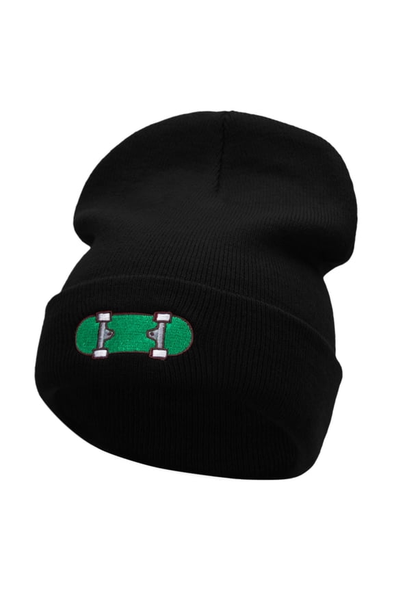 Green Skateboard Embroidered 12 Inch Long Knitted Beanie - Black OSFM