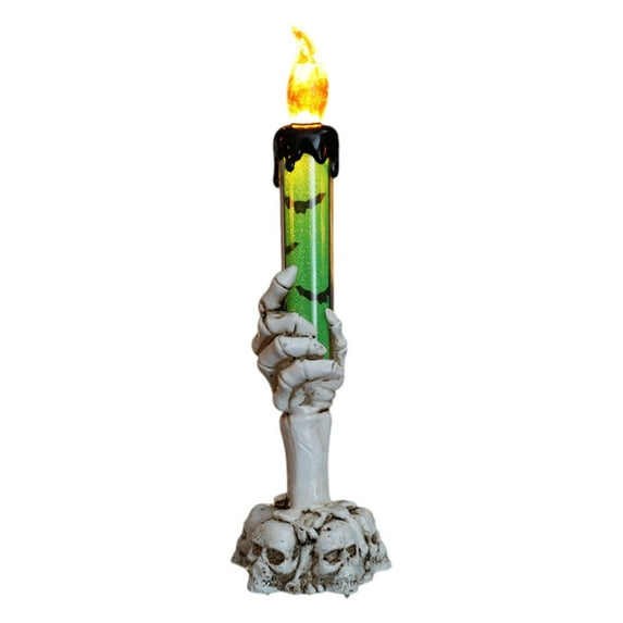 Green Skeleton Candlestick - 8.5 Inch LED Flameless Halloween Decor for Tabletop, Gothic Home & Party
