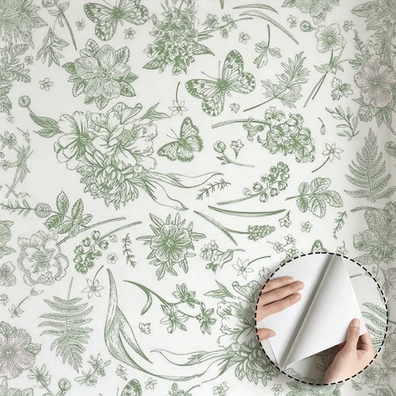 Green Sketch Floral Wallpaper, Vintage Farmhouse Rustic peel and stick wallpaper, waterproof, Home Decor for Bedroom, Living Room, Bathroom, Kitchen Cabinet, Dorm Room [17.7 * 118 in]
