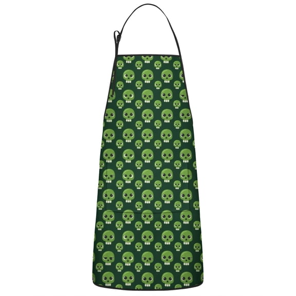 Green Skull Pattern Apron-Garden Aprons for Women with Pockets-Cotton Linen Waterproof Kitchen Cooking Gardening Aprons Adjustable for Kitchen,Cooking,BBQ and Salon 33x27 Inch