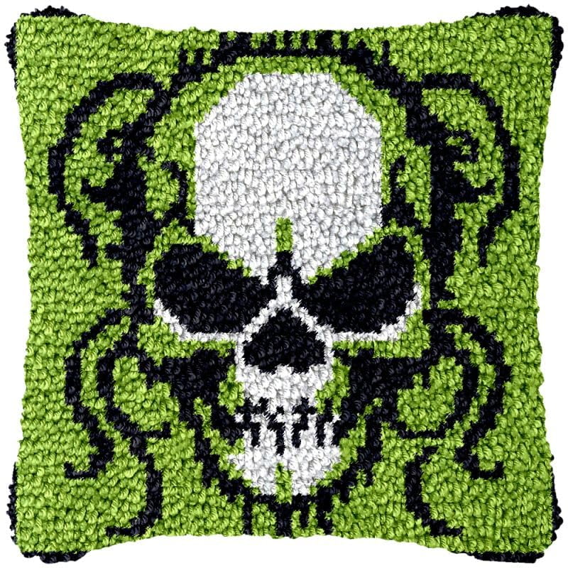 Green Skull Skeleton Latch Hook Pillow Cover Kits for DIY Handmade Throw Pillow Cross Stitch Latch Hook Pillowcase Rug Kits with Preprinted Color Pattern Canvas Crochet Yarn Kits 17''X 17''(ch190)