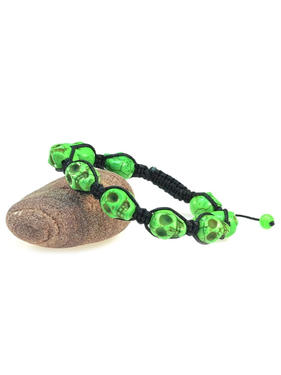 Green Skull Turquoise Stone Macrame Style Adjustable Bracelet - Good for Healing and Protection- 91072