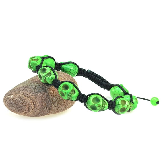 Green Skull Turquoise Stone Macrame Style Adjustable Bracelet - Good for Healing and Protection- 91072