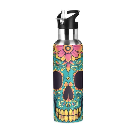 Green Skull with Flowers Sports Bottle with Straw Stainless Steel Water Jug Portable Thermal Cup Leak-proof 600ML