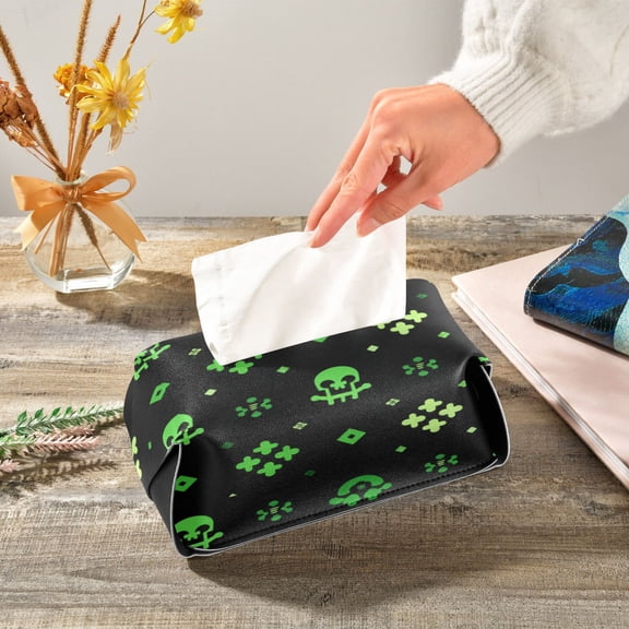 Green Skulls Regular Patterns Leather Tissue Box Cover Rectangle Tissue Holder Foldable