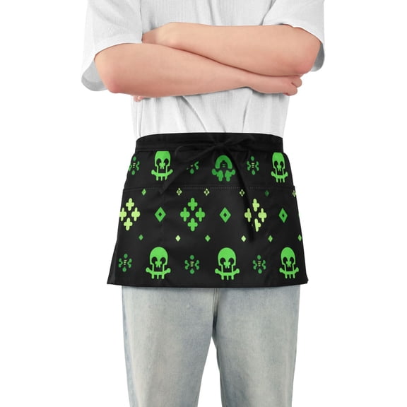 Green Skulls Regular Patterns Short Server Apron with 3 Pockets for Unisex Chef Gardening