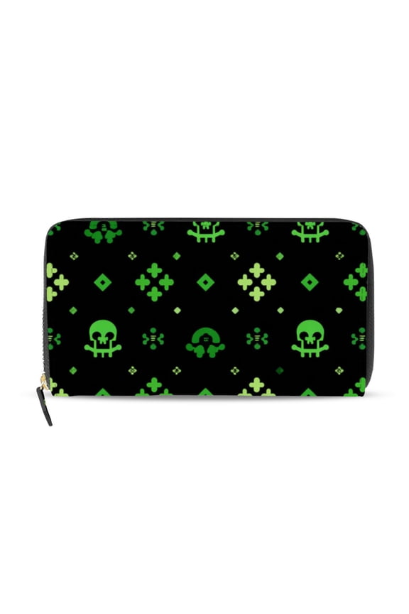 Green Skulls Regular Patterns Women's Long Zipper Wallet Bifold Clutch Purse PU Leather Card Cases