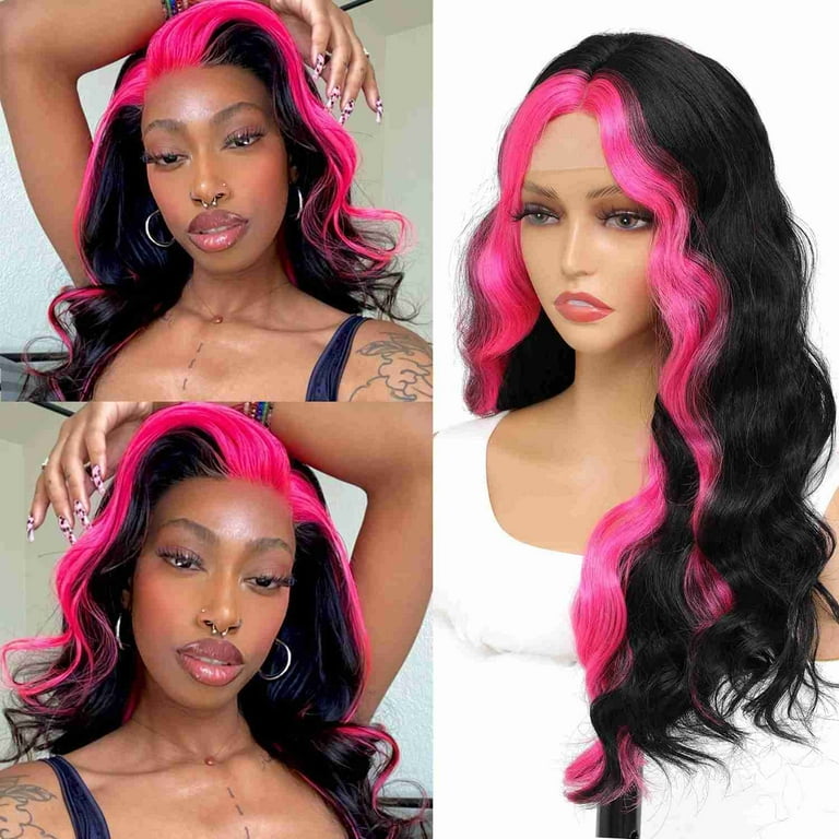 Green Skunk Stripe Wig Synthetic Highlight Lace Wig 22inch Long Wavy Ombre Wigs for Black Women Middle Part Fake Scalp Body Wavy Wig Walmart