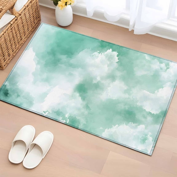 Green Sky Cloud Bathroom Rug Washable 2x3 Entryway Rug Non Slip Natural Landscape Scenery Ombre Front Door Mat Low Pile Indoor Doormat Throw Floor Carpet for Kitchen Bedroom Entrance