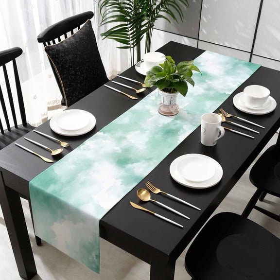 Green Sky Cloud Cotton Linen Table Runner 13 x 70 inch Natural Landscape Scenery Ombre Non-slip Rectangular Dining Table Decor for Wedding Party Holiday Dinner
