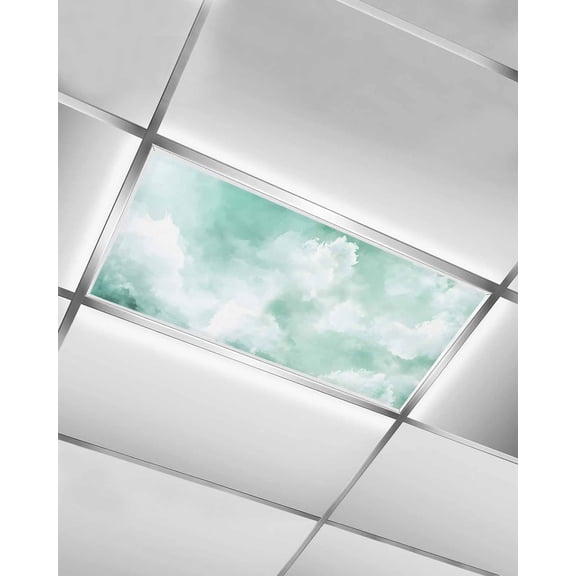 Green Sky Cloud Fluorescent Light Covers for Ceiling Lights 4x2 feet,1 Pack Magnetic Light Filters for Classroom,Natural Landscape Scenery Ombre Fluorescent Light Shade Panel for Office School Drop