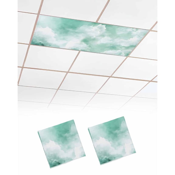 Green Sky Cloud Fluorescent Light Covers for Ceiling Lights 4x2 feet,2 Pack Magnetic Light Filters for Classroom,Natural Landscape Scenery Ombre Fluorescent Light Shade Panel for Office School Drop