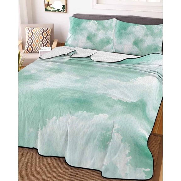 Green Sky Cloud King Size Down Alternative Comforter, Lightweight Comforter Quilt Bedding Set with Pillow Shams Natural Landscape Scenery Ombre All Seasons Bed Comforter Duvet Insert 96"x106"