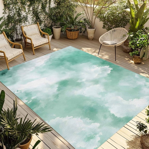 Green Sky Cloud Outdoor Rug 3x5 Ft - Reversible Patio Rug Outdoor Camping Rugs, Natural Landscape Scenery Ombre Washable Indoor Outdoor Area Rugs, Non-Slip Outdoor Carpet Runner for Deck/Porch
