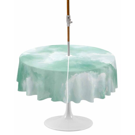 Green Sky Cloud Round Outdoor Tablecloth, Waterproof Table Cloth Cover with Umbrella Hole and Zipper, Natural Landscape Scenery Ombre Table Protector for Patio Party Picnic 54" Round