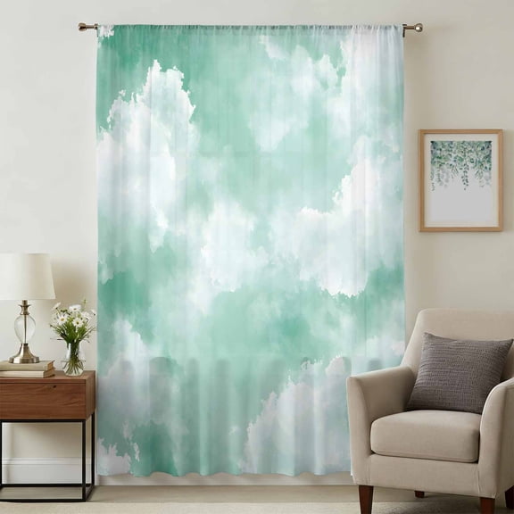 Green Sky Cloud Sheer Curtains 45 Inches Long, Natural Landscape Scenery Ombre Light Filering Curtains, Breathable Simi Curtain Privacy Drapes for Kitchen Bathroom Lightweight Small Window Treatment