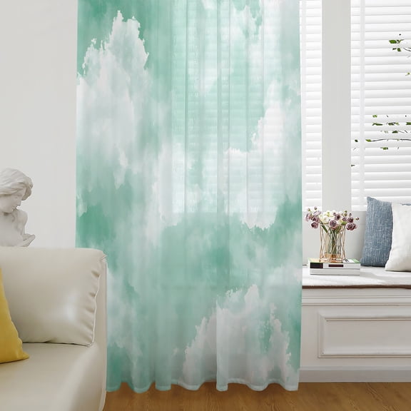 Green Sky Cloud Sheer Curtains 54 Inch Length, Light Filtering Voile Curtain Panel, Natural Landscape Scenery Ombre Rod Pocket Drapes Window Treatments for Living Room Bedroom 52"x54"