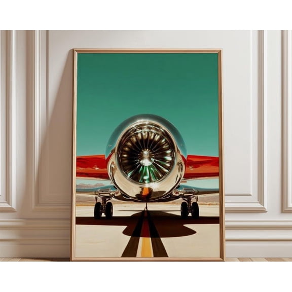 Green Sky Jet Engine Red Aircraft Runway Modern Aviation Wall Art, Unframed Paper Poster 8x10in