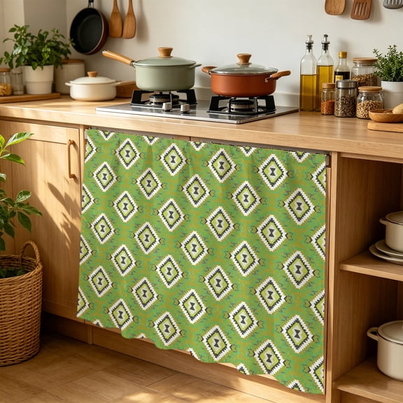 Green Slate Diamonds Cabinet Curtains for Kitchen 35"W x 35"L, Abstract Vintage Minimalist Geometric Grid Laundry Sink Cabinets Magic Tape Short Curtain Privacy Panel for Bathroom Vanity Cabinets