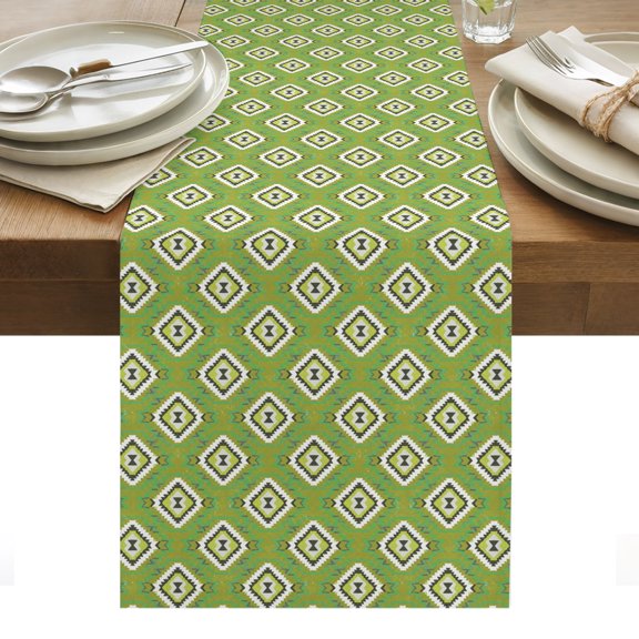 Green Slate Diamonds Cotton Linen Table Runner Abstract Vintage Minimalist Geometric Grid Dining Table Runners for Home Decor Party Dining Room Restaurant Kitchen Party 13" x 48"