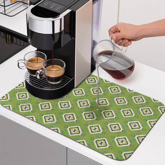 Green Slate Diamonds Dish Drying Mats for Kitchen Counter, Abstract Vintage Minimalist Geometric Grid Absorbent Coffee Bar Mat with Non-slip Rubber Backed Quick Drying Dish Rack Pad 16"x18"