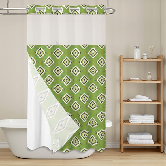 Green Slate Diamonds No Hook Shower Curtain with Snap in Liner, Abstract Vintage Minimalist Geometric Grid Waterproof Shower Curtains with See Through Top Window Liner for Bathroom, 36x72 Inches