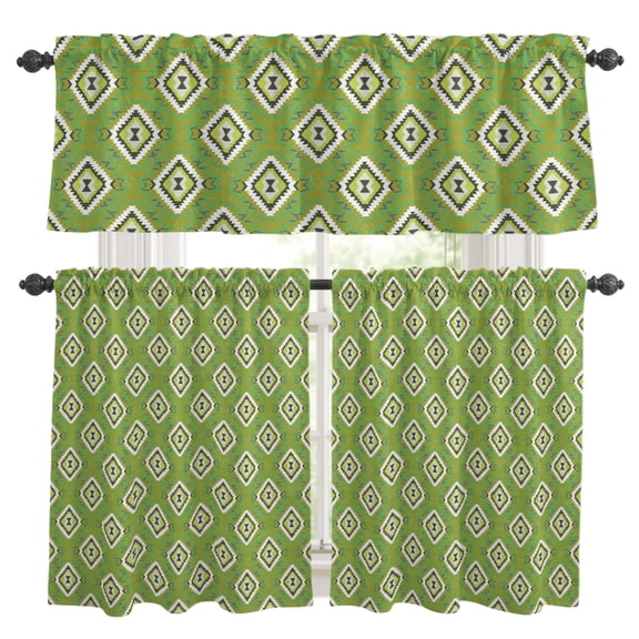 Green Slate Diamonds Kitchen Curtains Set for Windows, Abstract Vintage Minimalist Geometric Grid Curtains Valance and Tier 3 Piece Set Small Drapes 24 Inch Length for Kitchen Bedroom Decor