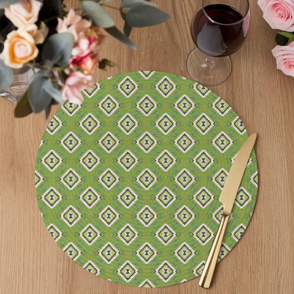 Green Slate Diamonds Round Braided Placemats Set of 1, Abstract Vintage Minimalist Geometric Grid Heat Insulation Place Mats Washable Non-Slip Table Mats for Kitchen Dining Party, 13 Inches