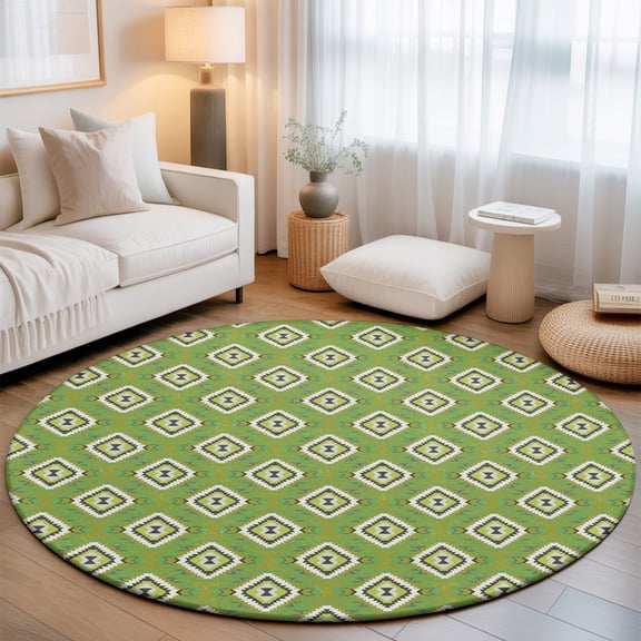 Green Slate Diamonds Round Rug 4Ft Abstract Vintage Minimalist Geometric Grid Circle Area Rugs Washable Non Slip Indoor Floor Mats Carpet for Living Room Bedroom Dining Room Home Decor