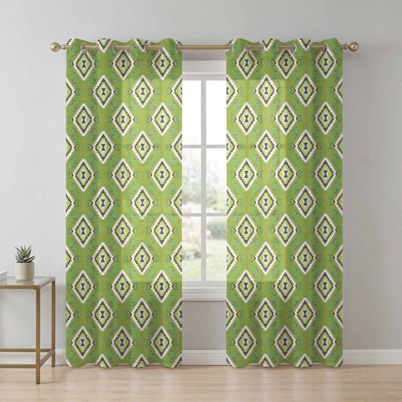 Green Slate Diamonds Sheer Curtains 96 Inch Long 2 Panels, Abstract Vintage Minimalist Geometric Grid Light Filtering Semi Sheer Drapes Grommet Voile Window Curtain for Living Bedroom W52 x L96