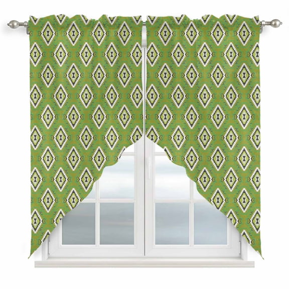 Green Slate Diamonds Swag Curtain Valance for Window 2 Panels Abstract Vintage Minimalist Geometric Grid Rod Pocket Small Window Swag Valances for Kitchen Bedroom Bathroom 36" W x 36" L