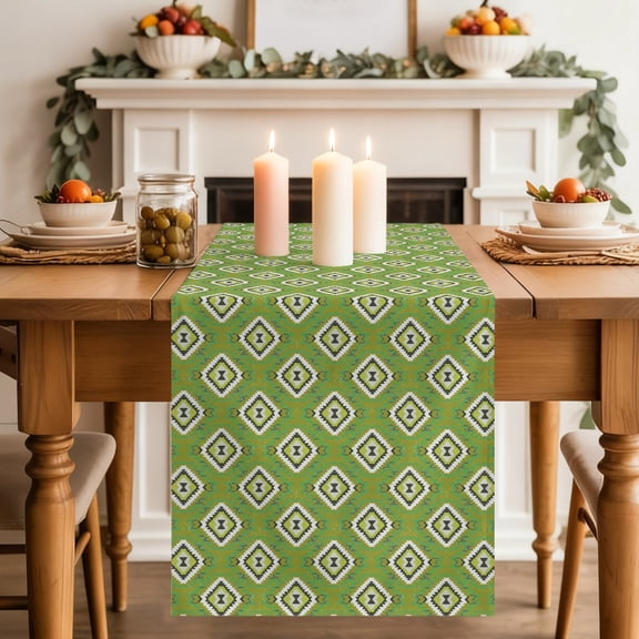 Green Slate Diamonds Table Runner 13x36 Inch Abstract Vintage Minimalist Geometric Grid Cotton Linen Dining Table Runner Ideal for Dresser Kitchen Coffee Tables - Machine Washable