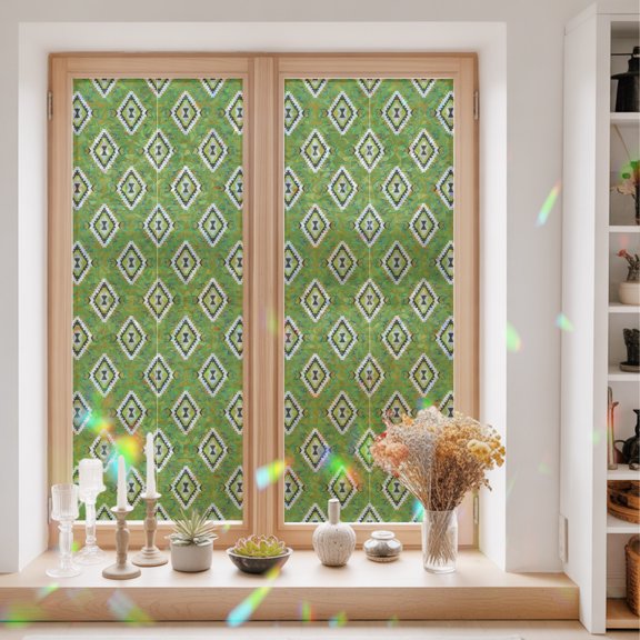 Green Slate Diamonds Window Privacy Film Abstract Vintage Minimalist Geometric Grid Static Cling Stained Glass Window Film Non-Adhesive Decorative Decals Rainbow Sticker 23.6"X59"