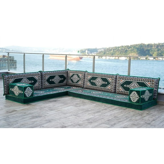 Green Sleeper Couch, L Shaped Sofa, Turkish Sofa Set, Diwan Sofa, Arabic Majlis, Floor Sofa Couch, Meditation Floor Cushions