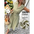 thumbnail image 1 of Green Sleeveless Collared Midi Dress With Belt, 100% Cotton Textured Fit & Flare Style, 1 of 8