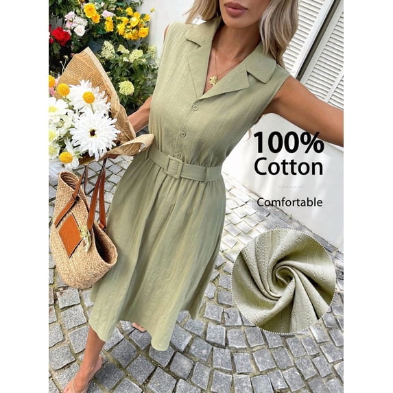 Green Sleeveless Collared Midi Dress With Belt, 100% Cotton Textured Fit & Flare Style
