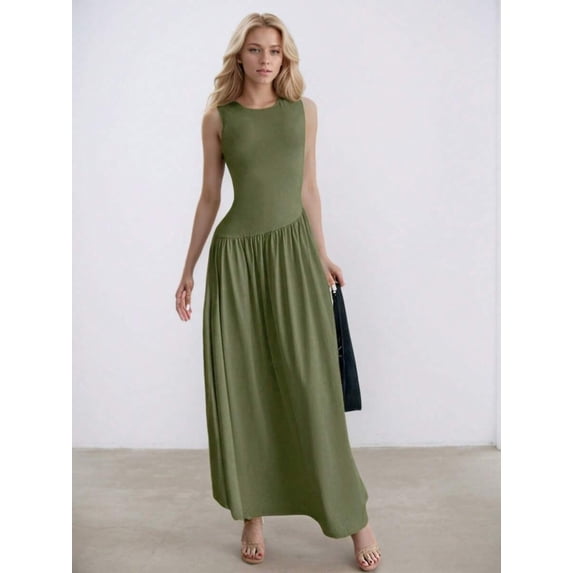 Green Sleeveless Crew Neck A-Line Maxi Dress Casual Elegant