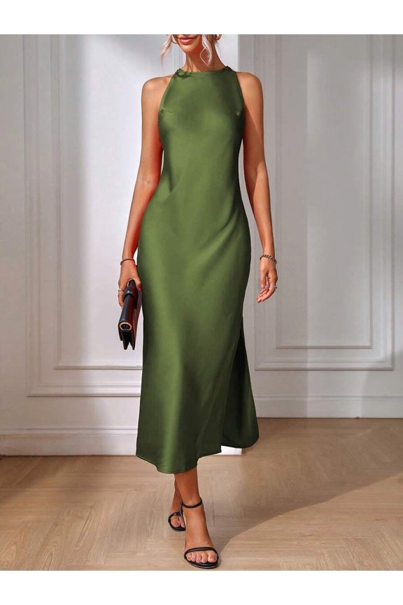 Green Sleeveless High Neck Slip Dress With Fishtail Hem