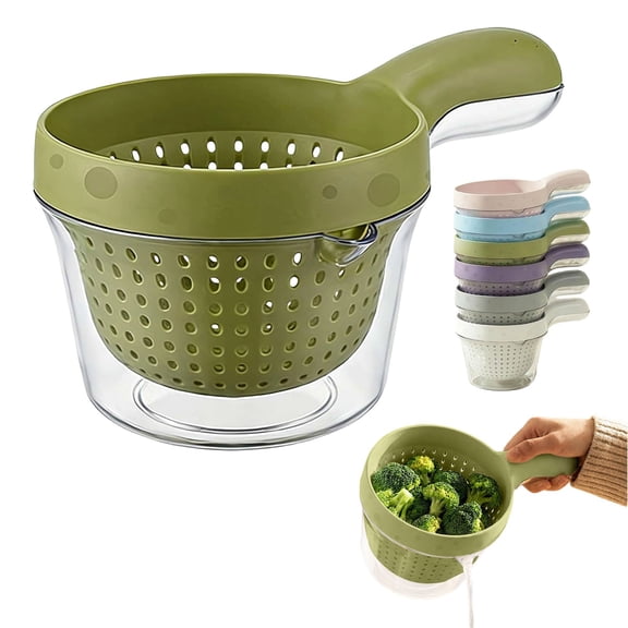 Green Small Colander with Handle - Layer Draining Basket for Washing Berries, Tomatoes & Vegetables, Portable Kitchen Rinser Bowl