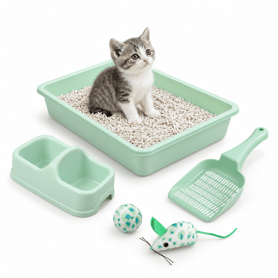 Green Small Kitten Starter Kit Litter Box Set with Feeding Bowl, Scoop and Toys
