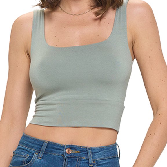 Green Small Size Women's Sleeveless Square Neck Crop Top, Basic Slim Fit Shirt, Sexy Casual Cute Going Out, Trendy Spring Summer 2024