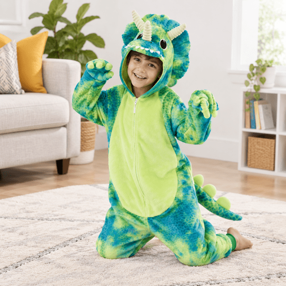 Green Small Triceratops Dragon Onesie Costume Hooded Zipper Pajamas
