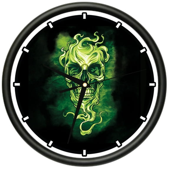 Green Smoky Skull Design Wall Clock | Precision Quartz Movement | Décor For School Class Office Bedroom Decoration