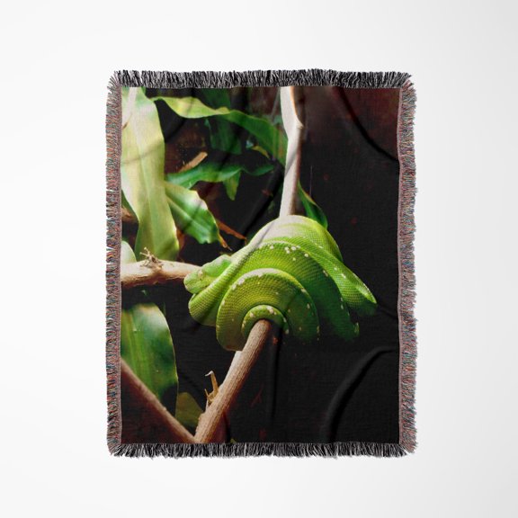 Green Snake, Beautiful Green Snake Curled On A Branch, Woven Blanket