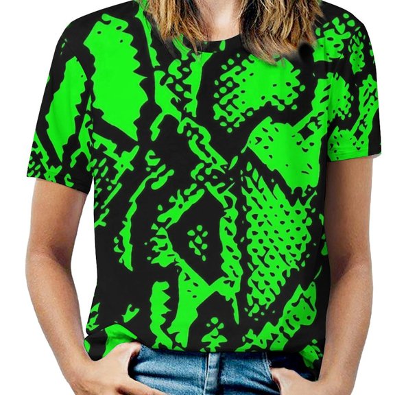Green Snake Skin Print Womens Tops Women's Fashion Casual Short Sleeve Flower Print Round Neck Pullover Top Blouse