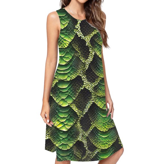 Green Snake Skin Seamless Pattern Spring Summer Dresses For Women Fashion Dress Casual Sleeveless Loose Sundress With Pockets