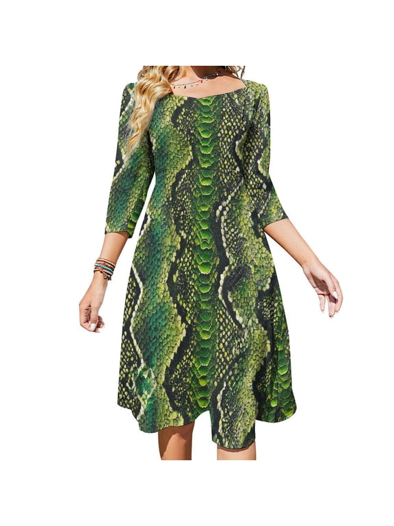 Green Snakeskin Seamless Pattern Repeat Flare Dress Square Neck Dress Elegant Female Fashion Printed Dress