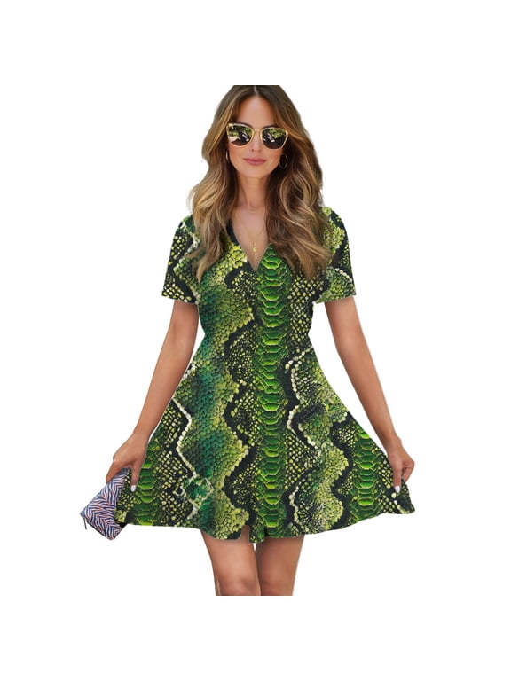 Green Snakeskin Seamless Pattern Repeat Women Dress V-Neck Short Sleeve Flowy Swing Party Midi Dress